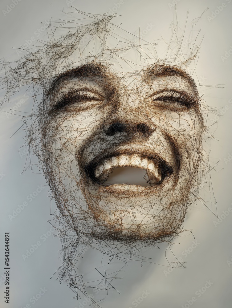 Aufkleber floating thread art creates a joyful laughing face in an indoor gallery setting
