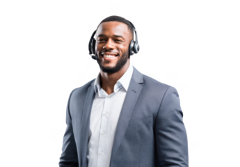 Professional man in a suit wearing a headset. smiling confidently while providing customer support in a bright. clean office environment. showcasing excellent communication skills and approachability