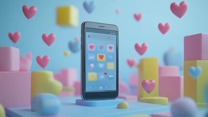 Enchanting smartphone display with heart-shaped icons amid pastel blocks and hearts - Powered by Adobe