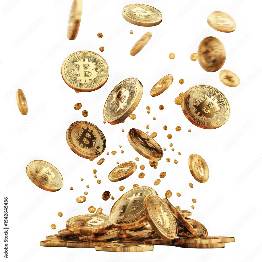 Poster falling bitcoins on a white background with a pile of coins at the bottom edge