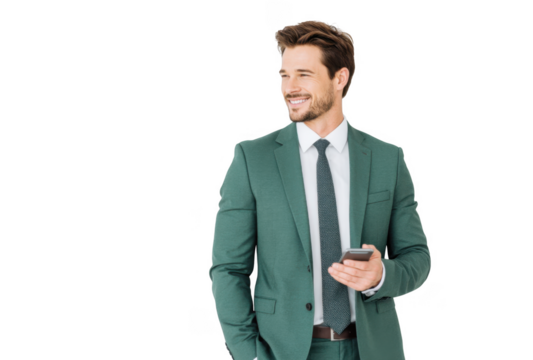 A confident businessman in a stylish green suit stands against a plain white wall. smiling while holding a smartphone. suggesting a moment of success or engagement in a professional setting - Powered by Adobe