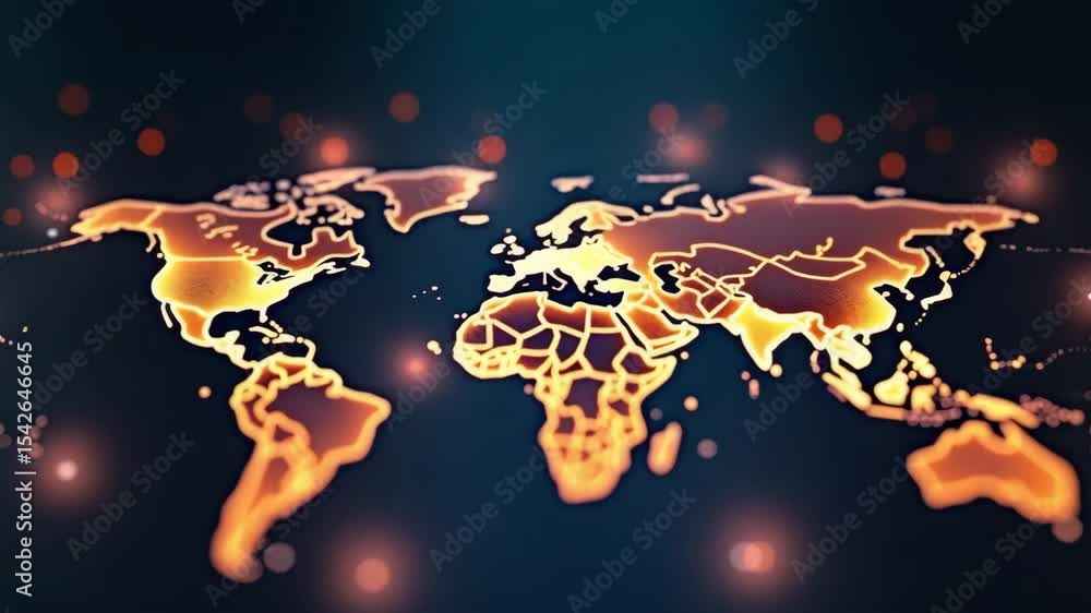 Poster global network: illuminated world map on dark background