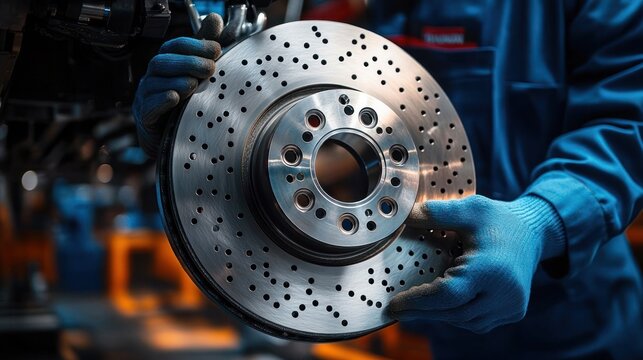 Close-up of a person wearing protective gloves holding a perforated metal brake disc in an industrial workshop setting