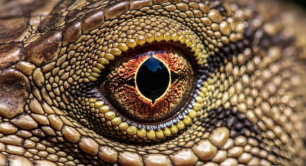 Macro view of a lizard&rsquo;s scaled eye with micro-detail and jungle reflection, focused texture and color