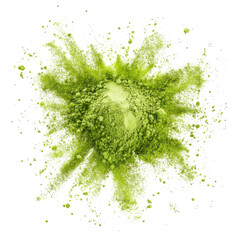 Aerial view of a vibrant green powder explosion against a white background