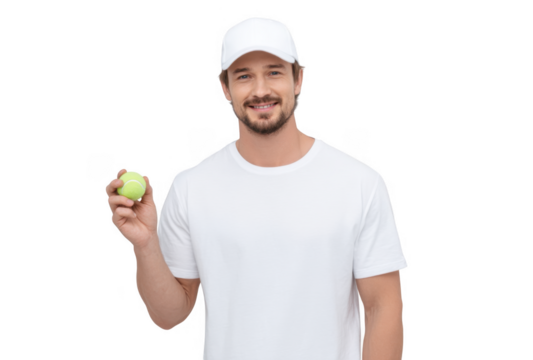 A smiling man in a white t-shirt and cap holds a tennis ball. standing against a plain background. conveying a sense of enthusiasm and readiness for sports activities - Powered by Adobe