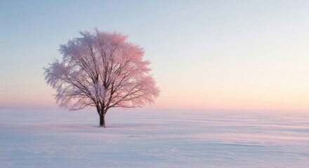 Lone Tree Standing in Snowy Field Under Gentle Sky Light