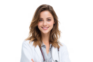 A confident female doctor with a stethoscope smiles warmly at the camera. showcasing her professionalism and approachability in a bright. clinical setting