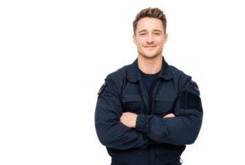Confident young man in a dark blue uniform stands with arms crossed. smiling against a plain white background. suggesting professionalism and readiness for various applications