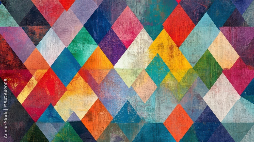 Poster vibrant abstract geometric pattern of colorful textured triangles.
