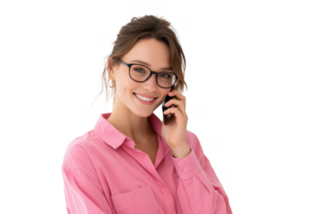 A cheerful woman in a pink shirt smiles while talking on her smartphone. set against a clean white background. conveying a sense of connection and positivity in a modern lifestyle
