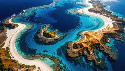 Fototapeta premium Stunning aerial view of vibrant blue waters and winding sandy shores showcasing the beauty of unspoiled coastal landscapes.