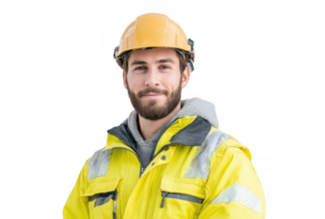 A confident construction worker wearing a yellow safety jacket and helmet stands against a plain background. showcasing safety gear and professionalism in the construction industry