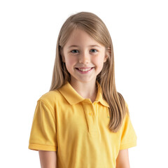 A cheerful young girl with long hair wearing a bright yellow polo shirt smiles warmly at the camera against a clean. white background. suggesting a friendly and inviting atmosphere