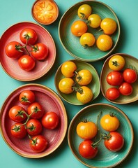 Variety of fresh red and yellow tomatoes arranged on colorful ceramic plates against a turquoise background, showcasing vibrant colors and natural textures