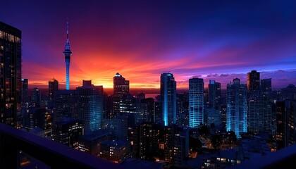 City skyline panorama at vibrant sunset