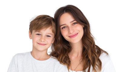 A joyful mother and her son smiling together against a plain white background. capturing a moment of happiness and connection. ideal for family-related content or advertisements