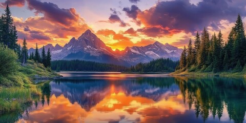 Serene lake surrounded by dense evergreen forest reflecting towering snow-capped mountains under a vibrant sunset sky with colorful clouds
