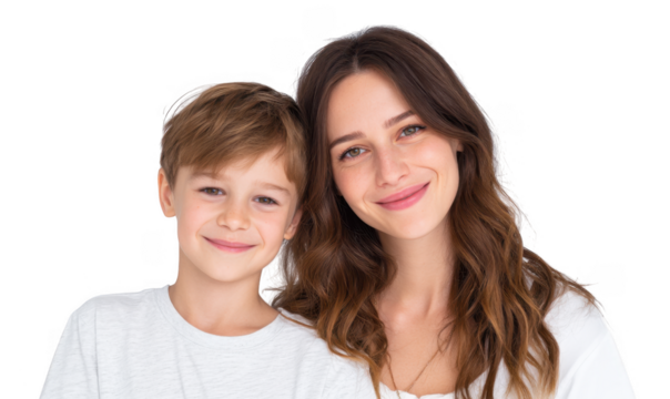 A joyful mother and her son smiling together against a plain white background. capturing a moment of happiness and connection. ideal for family-related content or advertisements