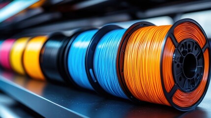 Close-up view of colorful filament spools lined up on a shelf showcasing various vibrant colors including orange, blue, black, yellow, and red with a shallow depth of field