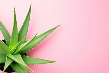 Fototapeta premium Aloe vera plant in pot, vibrant pink background