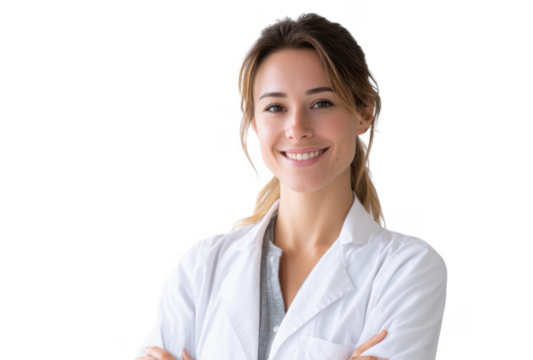 A smiling female healthcare professional in a white lab coat. confidently posing with arms crossed against a clean. bright background. suggesting a welcoming medical environment
