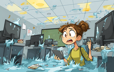 Young Woman Surprised by Flooded Office with Damaged Computers