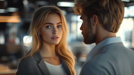 Young woman with long blonde hair looking thoughtfully at man with beard in softly lit modern indoor setting
