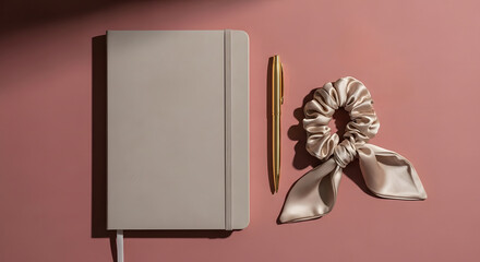 Minimalist Workspace with Planner Pen Scrunchie and Wireless Earbuds for Increased Productivity and Organization in Everyday Life Tasks