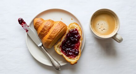 Delicious Breakfast Scene with Fresh Croissant Jam and Coffee Flat Lay Generative AI Delicious Pastry Presentation