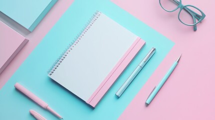 Pastel-colored stationery items arranged on a vibrant background.