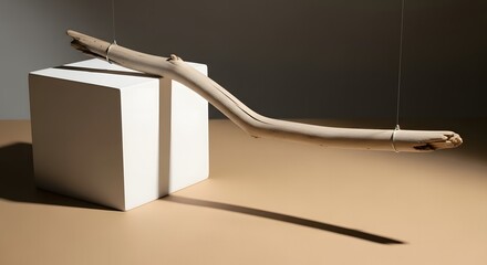 Minimalist Composition Featuring a Wooden Branch Suspended Above a White Cube in a Studio Setting with Soft Light