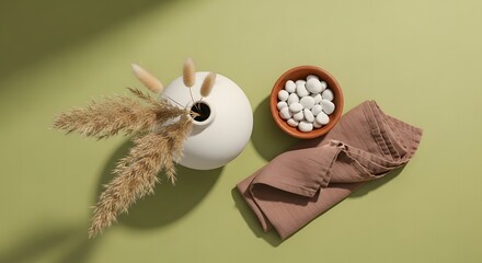 Minimalist Still Life with Earth Tones and Natural Textures A Serene Composition of Dried Grass Stones and Linen