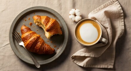 A Morning Still Life Featuring Freshly Baked Croissants Next to a Cup of Creamy Latte for Breakfast