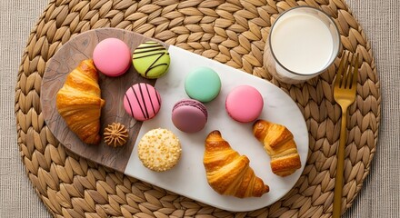 Delightful Pastries and Creamy Milk a Culinary Still Life Displaying Macarons Croissants and a Refreshing Glass of Milk Elegantly Presented