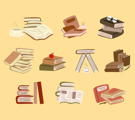 Aesthetic hand drawn illustration set of book piles in soft colors, perfect for cozy themed designs, reading concepts, libraries, and educational visuals.