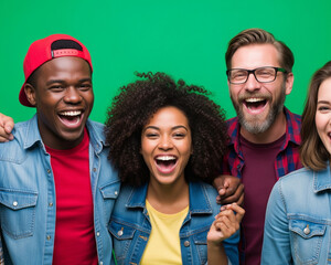 Group of friends laughing with green screen background