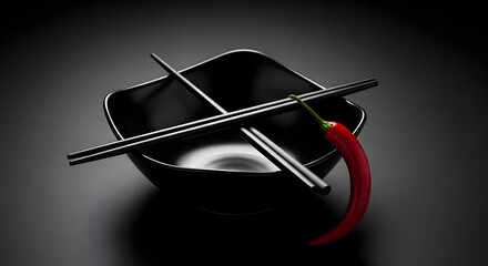 Minimalist Black Bowl with Chopsticks and Red Chili Pepper An AI Generated Artistic Still Life Composition with Dramatic Lighting