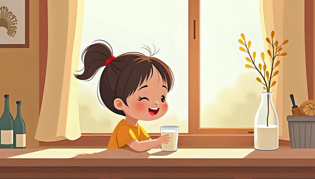 Illustration of happy cartoon girl drinking milk at table by sunny window in the background, World Milk Day celebration concept