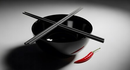Elegant Black Bowl with Chopsticks and a Red Chili Pepper on a White Surface Creating Shadows, An Ai Rendered Image