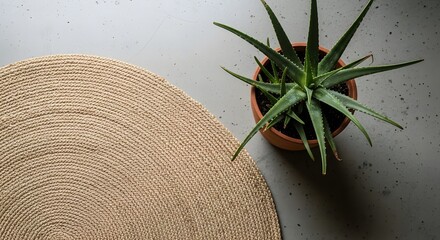 A Woven Jute Rug and a Potted Aloe Plant on a Modern Gray Concrete Background Showcasing Minimalist Decor and Natural Elements