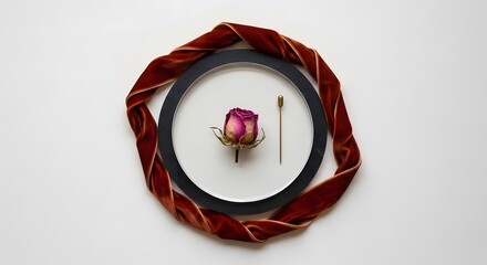 A Harmonious Composition of Velvet Ribbon a Ceramic Plate a Rose and an Antique Spoon A Study in Contrast