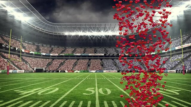 After floodlights activating hearts appearing rising swirling into pulsing column showing fan love