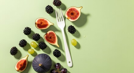 A Symphony of Flavors A Culinary Composition Featuring Figs Blackberries and Grapes Arranged on a Serene Light Green Canvas