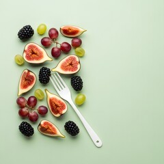 A Delightful Arrangement of Figs, Grapes, and Blackberries Presented on a Light Green Surface with a Minimalist Fork