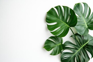 Photo of a few green leaves on a white background, in a flat lay style. Web banner with copy space on the right. --ar 3:2 --v 6.1 Job ID: 42980e49-371a-40a1-a0e1-28e5155bc627