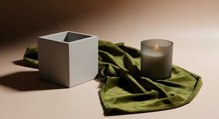 Minimalist Home Decor Arrangement with Square Planter Candle and Green Fabric in Soft Lighting a Serene and Stylish Scene