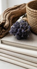 Natural Aesthetic Still Life Composition of Linen Fabrics Lavender Driftwood and Woven Basket Artistically Arranged for Interior Design Inspiration