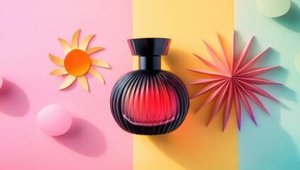 Vibrant perfume bottle, paper decorations