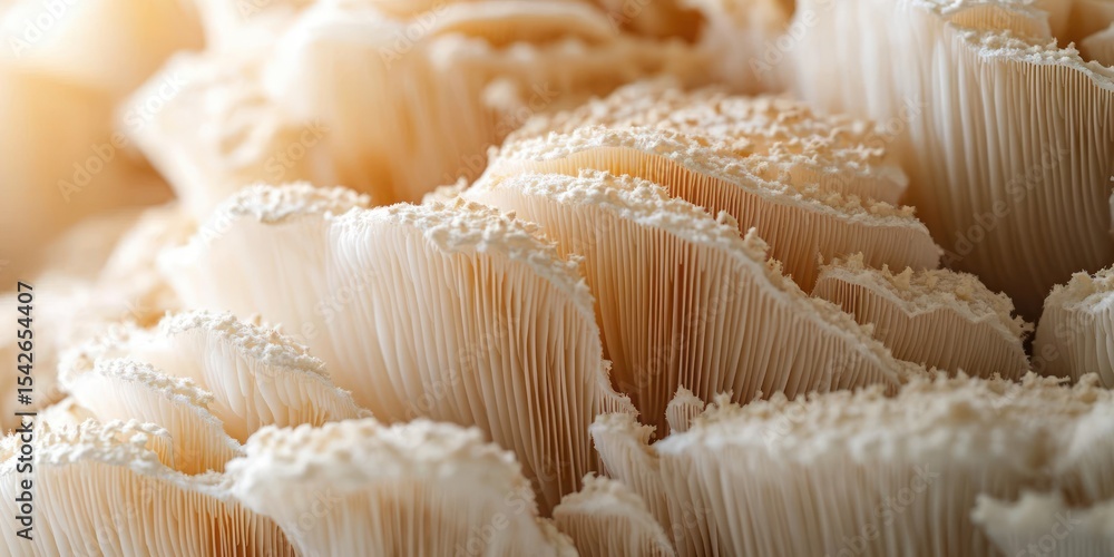 Poster close-up of delicate beige mushroom gills with soft sunlight highlighting fine textures and intricat